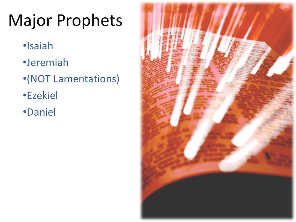 Major Prophets Isaiah Jeremiah (NOT Lamentations) Ezekiel Daniel