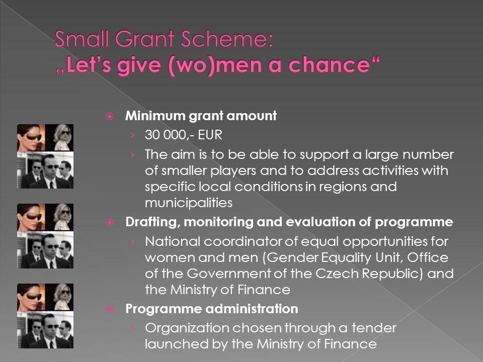  Minimum grant amount › ,- EUR › The aim is to be able to support a large number of smaller players and to address activities with specific local conditions in regions and municipalities  Drafting, monitoring and evaluation of programme › National coordinator of equal opportunities for women and men (Gender Equality Unit, Office of the Government of the Czech Republic) and the Ministry of Finance  Programme administration › Organization chosen through a tender launched by the Ministry of Finance