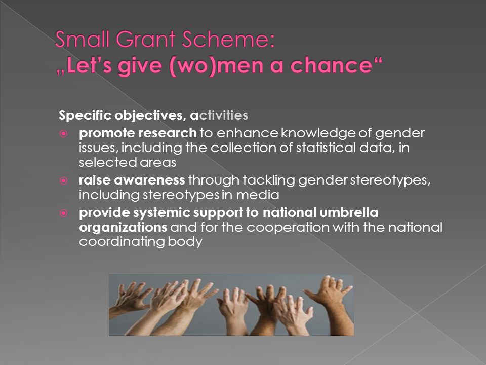 Specific objectives, activities  promote research to enhance knowledge of gender issues, including the collection of statistical data, in selected areas  raise awareness through tackling gender stereotypes, including stereotypes in media  provide systemic support to national umbrella organizations and for the cooperation with the national coordinating body