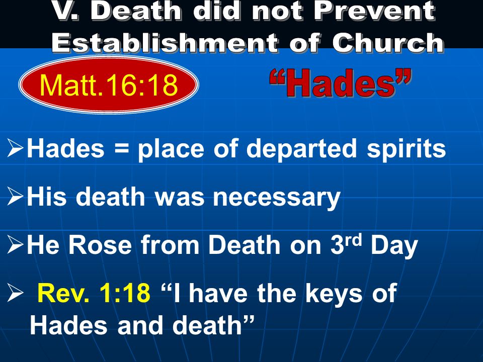 Matt.16:18  Hades = place of departed spirits  His death was necessary  He Rose from Death on 3 rd Day  Rev.