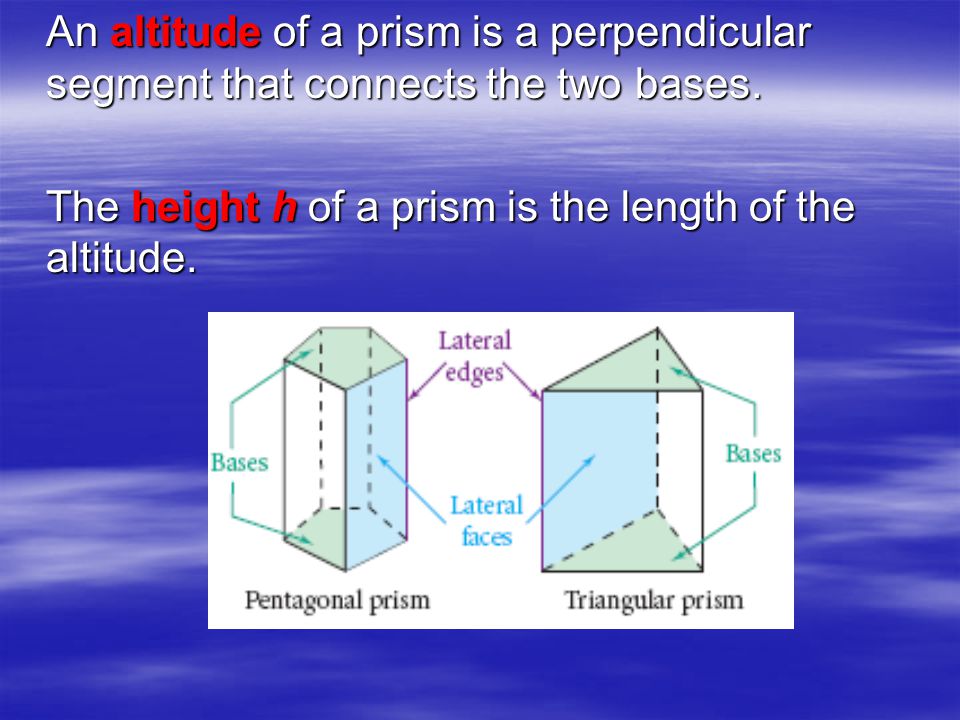 An altitude of a prism is a perpendicular segment that connects the two bases.