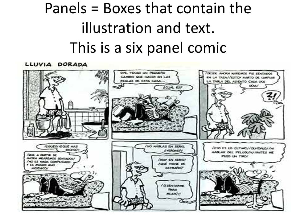 Panels = Boxes that contain the illustration and text. This is a six panel comic