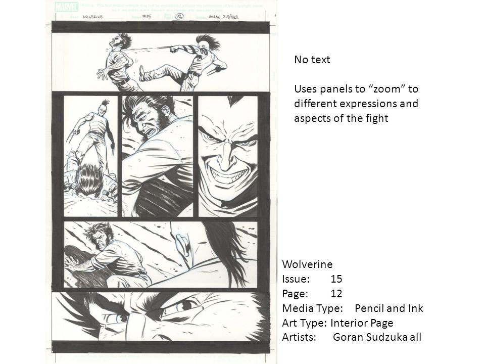 No text Uses panels to zoom to different expressions and aspects of the fight Wolverine Issue:15 Page:12 Media Type:Pencil and Ink Art Type:Interior Page Artists: Goran Sudzuka all