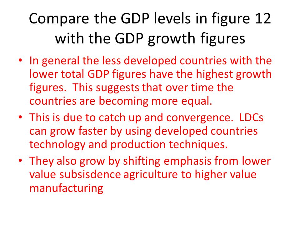 Compare the GDP levels in figure 12 with the GDP growth figures In general the less developed countries with the lower total GDP figures have the highest growth figures.
