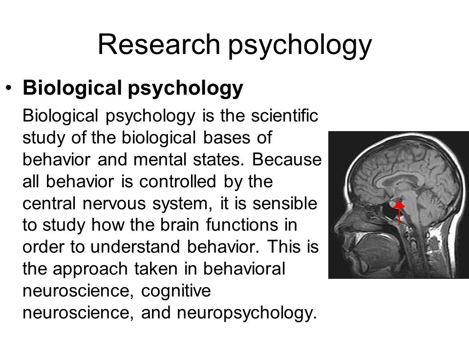 Research psychology Biological psychology Biological psychology is the scientific study of the biological bases of behavior and mental states.