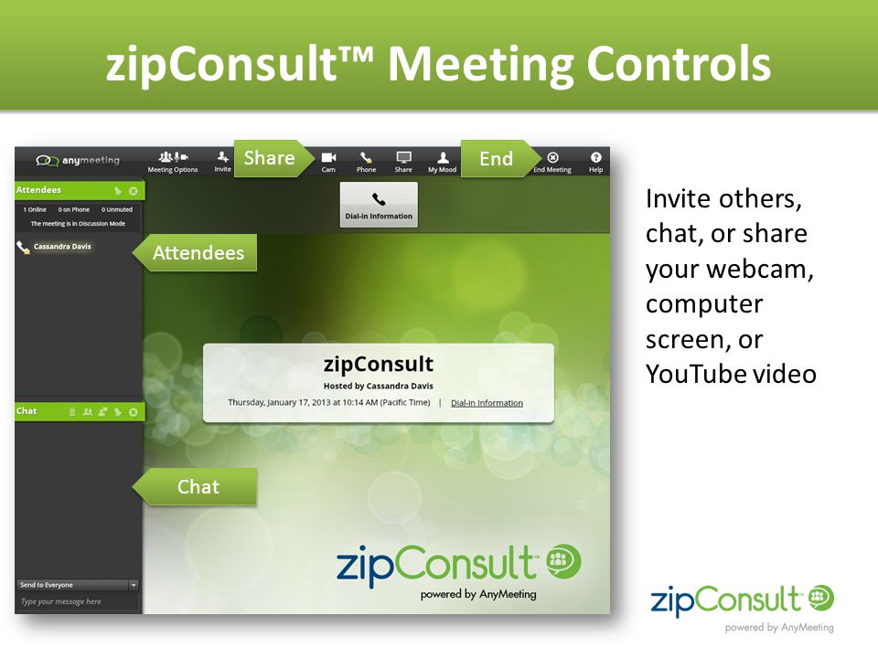 zipConsult™ Meeting Controls Invite others, chat, or share your webcam, computer screen, or YouTube video Attendees Chat Share End