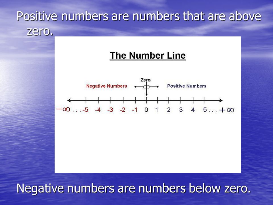 Positive numbers are numbers that are above zero. Negative numbers are numbers below zero.