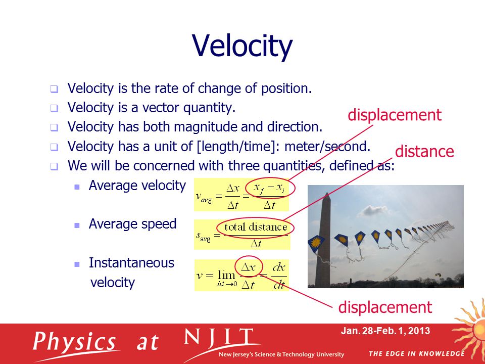 Jan. 28-Feb. 1, 2013 Velocity  Velocity is the rate of change of position.