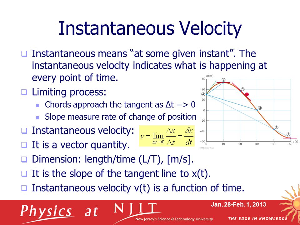 Jan. 28-Feb. 1, 2013 Instantaneous Velocity  Instantaneous means at some given instant .