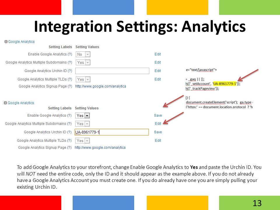 Integration Settings: Analytics To add Google Analytics to your storefront, change Enable Google Analytics to Yes and paste the Urchin ID.