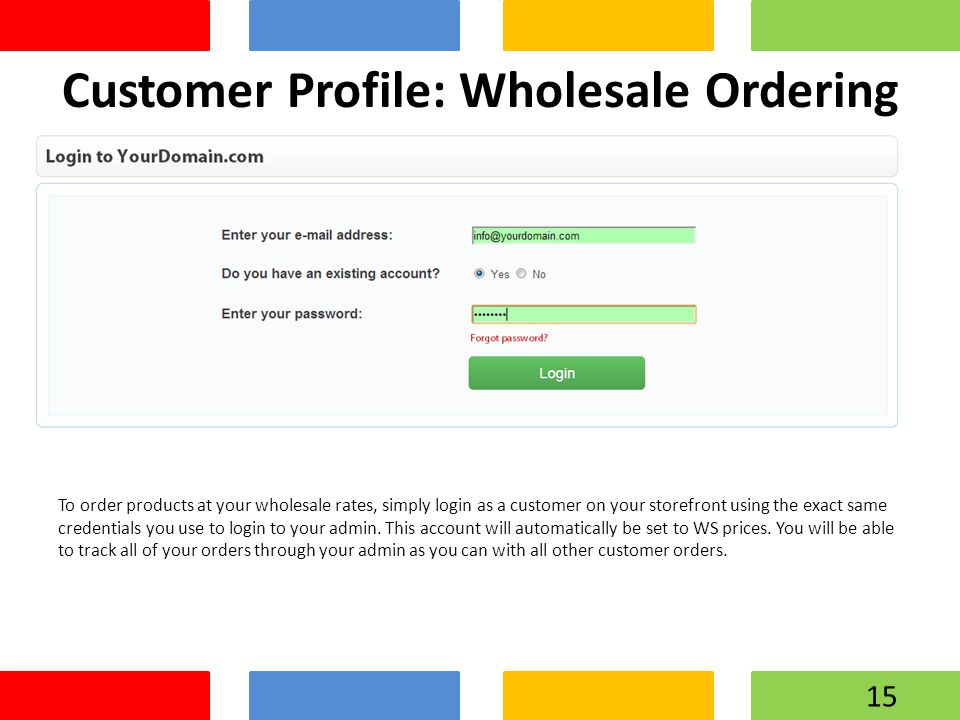Customer Profile: Wholesale Ordering To order products at your wholesale rates, simply login as a customer on your storefront using the exact same credentials you use to login to your admin.