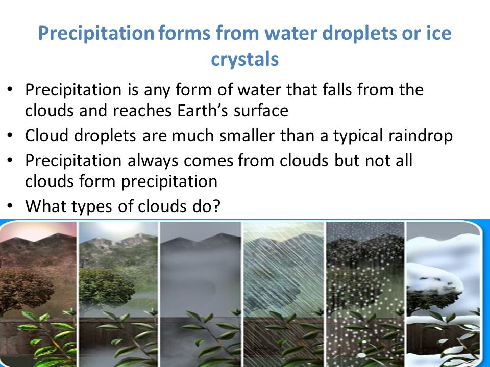 Precipitation forms from water droplets or ice crystals Precipitation is any form of water that falls from the clouds and reaches Earth’s surface Cloud droplets are much smaller than a typical raindrop Precipitation always comes from clouds but not all clouds form precipitation What types of clouds do