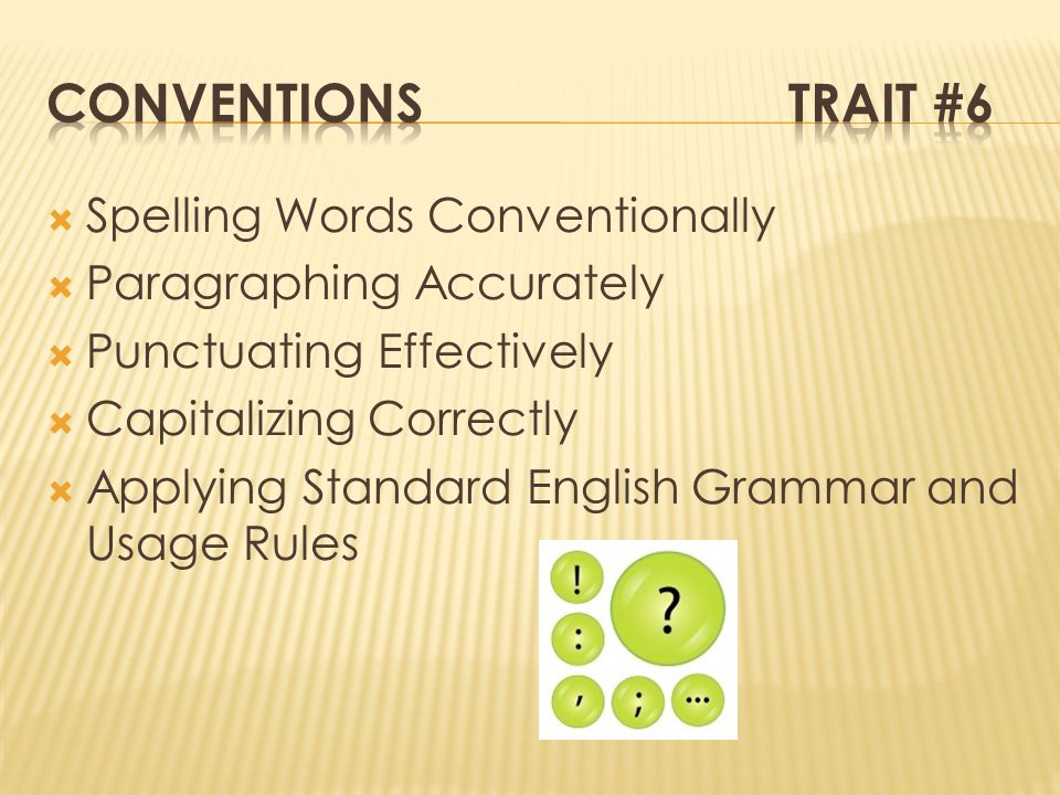  Spelling Words Conventionally  Paragraphing Accurately  Punctuating Effectively  Capitalizing Correctly  Applying Standard English Grammar and Usage Rules