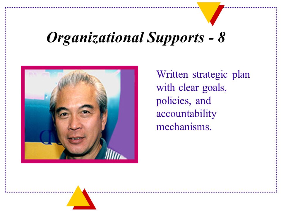 Organizational Supports - 8 Written strategic plan with clear goals, policies, and accountability mechanisms.