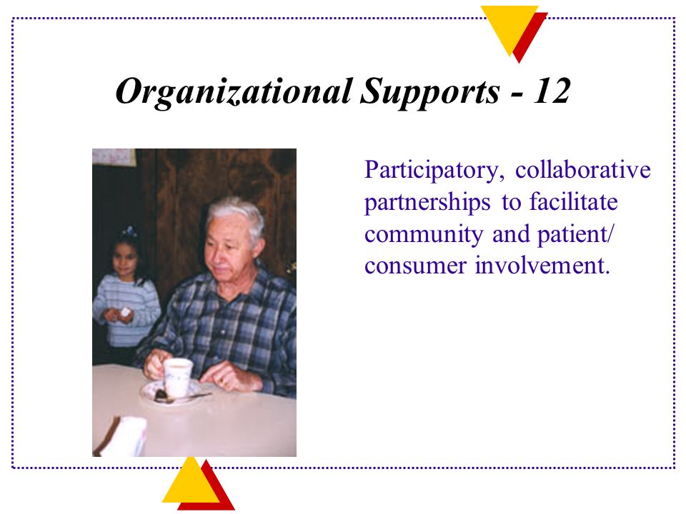 Organizational Supports - 12 Participatory, collaborative partnerships to facilitate community and patient/ consumer involvement.