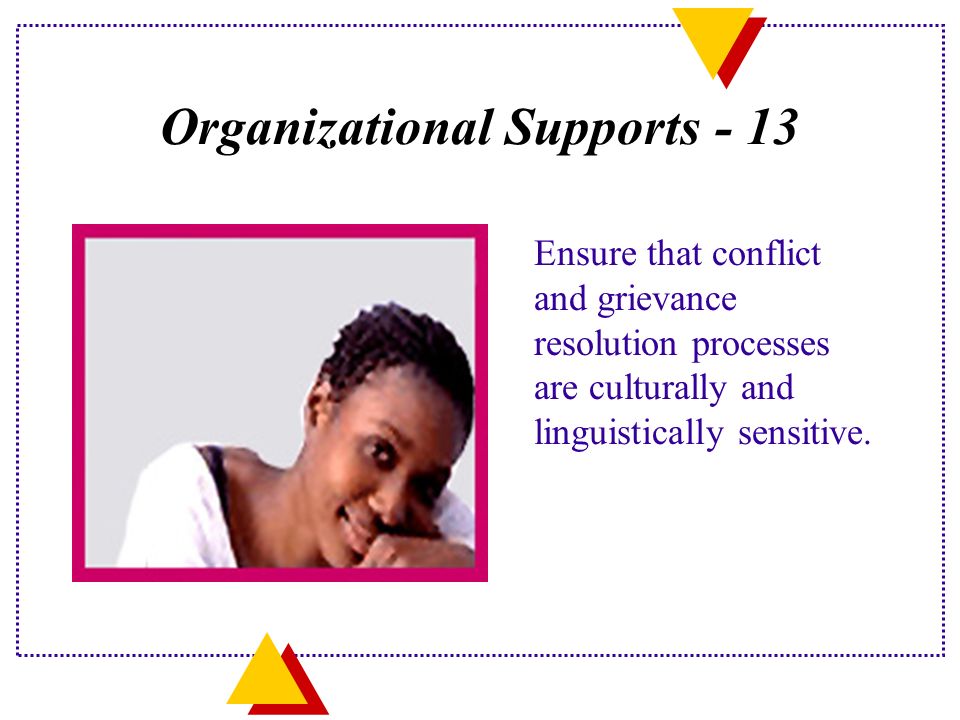 Organizational Supports - 13 Ensure that conflict and grievance resolution processes are culturally and linguistically sensitive.