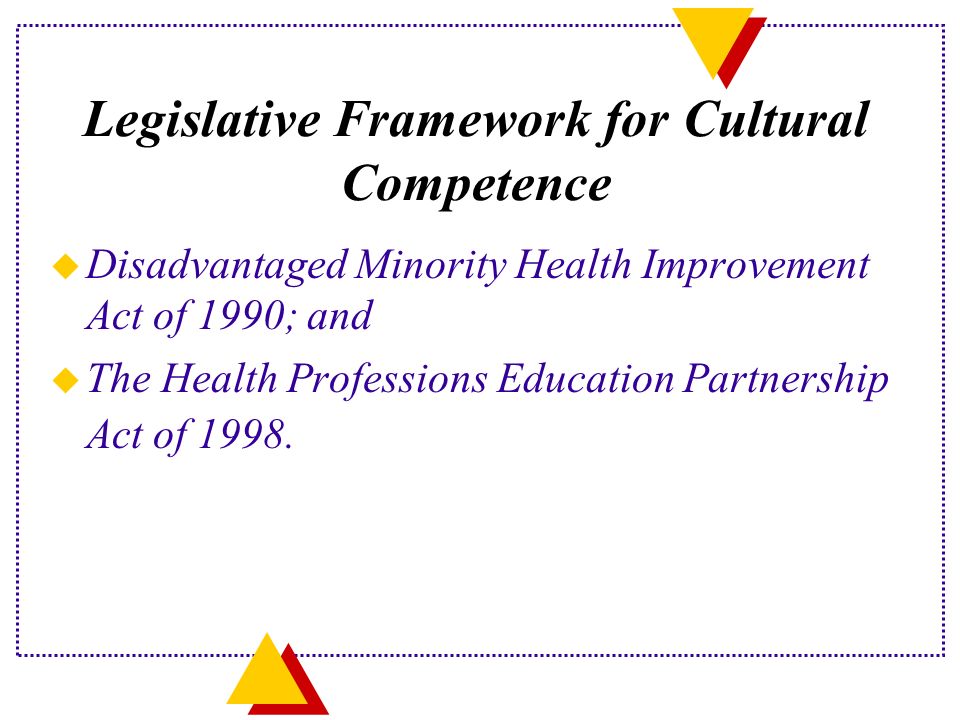 Legislative Framework for Cultural Competence u Disadvantaged Minority Health Improvement Act of 1990; and u The Health Professions Education Partnership Act of 1998.