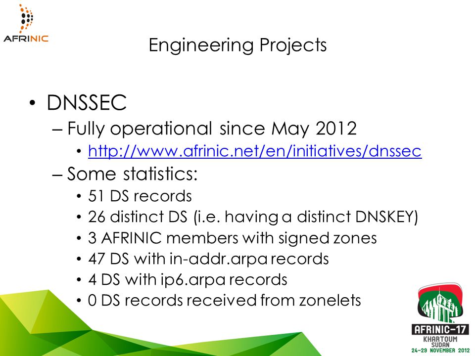 Engineering Projects DNSSEC – Fully operational since May – Some statistics: 51 DS records 26 distinct DS (i.e.