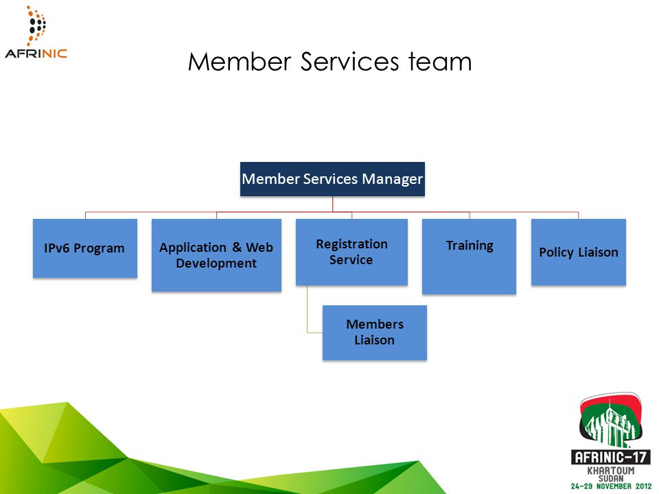 Member Services team Member Services Manager IPv6 Program Application & Web Development Registration Service Members Liaison Training Policy Liaison