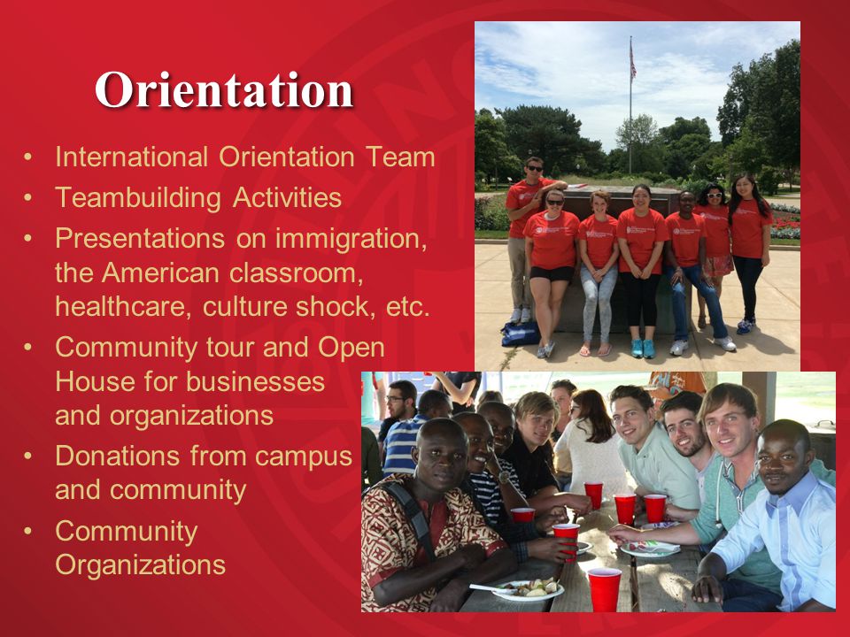 Orientation International Orientation Team Teambuilding Activities Presentations on immigration, the American classroom, healthcare, culture shock, etc.