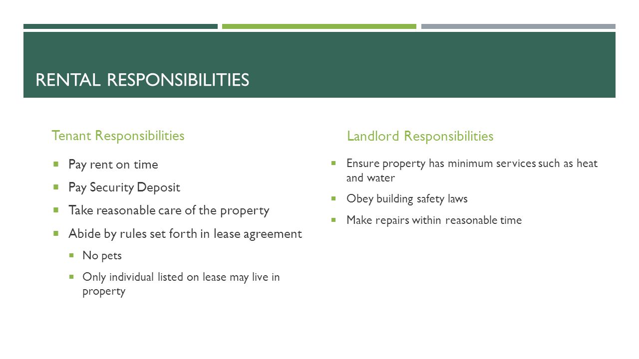 RENTAL RESPONSIBILITIES Tenant Responsibilities  Pay rent on time  Pay Security Deposit  Take reasonable care of the property  Abide by rules set forth in lease agreement  No pets  Only individual listed on lease may live in property Landlord Responsibilities  Ensure property has minimum services such as heat and water  Obey building safety laws  Make repairs within reasonable time