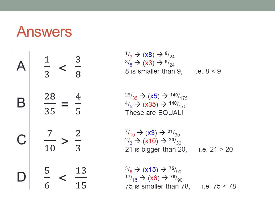 Answers 1 / 3  (x8)  8 / 24 3 / 8  (x3)  9 / 24 8 is smaller than 9, i.e.