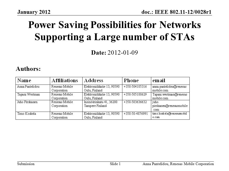 doc.: IEEE /0028r1 Submission January 2012 Anna Pantelidou, Renesas Mobile CorporationSlide 1 Power Saving Possibilities for Networks Supporting a Large number of STAs Date: Authors: