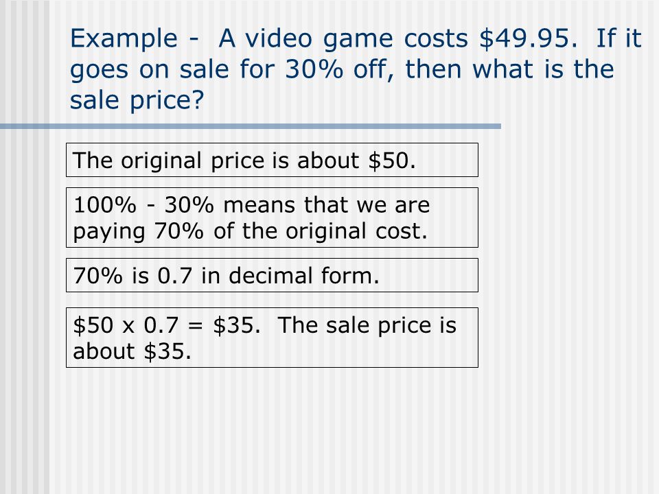 Example - A video game costs $ If it goes on sale for 30% off, then what is the sale price.