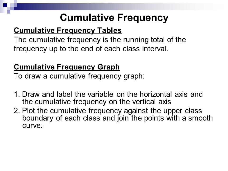 Cumulative Frequency Tables The cumulative frequency is the running total of the frequency up to the end of each class interval.