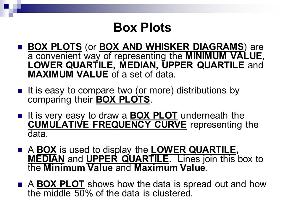 Box Plots BOX PLOTS (or BOX AND WHISKER DIAGRAMS) are a convenient way of representing the MINIMUM VALUE, LOWER QUARTILE, MEDIAN, UPPER QUARTILE and MAXIMUM VALUE of a set of data.