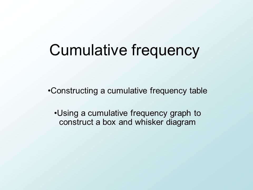 Cumulative frequency Constructing a cumulative frequency table Using a cumulative frequency graph to construct a box and whisker diagram