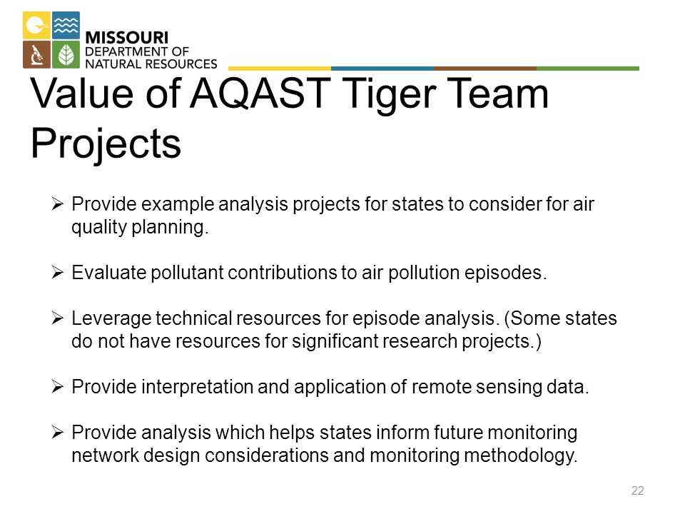 Value of AQAST Tiger Team Projects  Provide example analysis projects for states to consider for air quality planning.