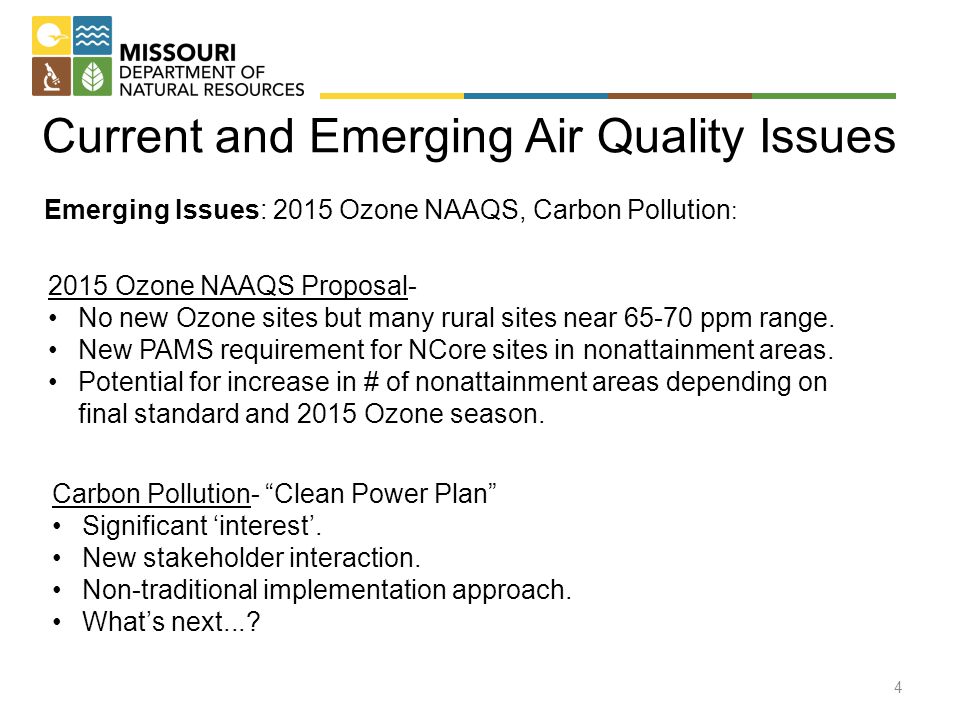 Current and Emerging Air Quality Issues Emerging Issues: 2015 Ozone NAAQS, Carbon Pollution : 2015 Ozone NAAQS Proposal- No new Ozone sites but many rural sites near ppm range.