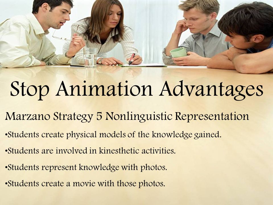 Stop Animation Advantages Marzano Strategy 5 Nonlinguistic Representation Students create physical models of the knowledge gained.