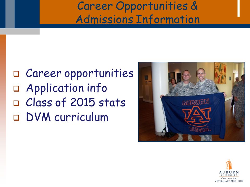 Career Opportunities & Admissions Information  Career opportunities  Application info  Class of 2015 stats  DVM curriculum