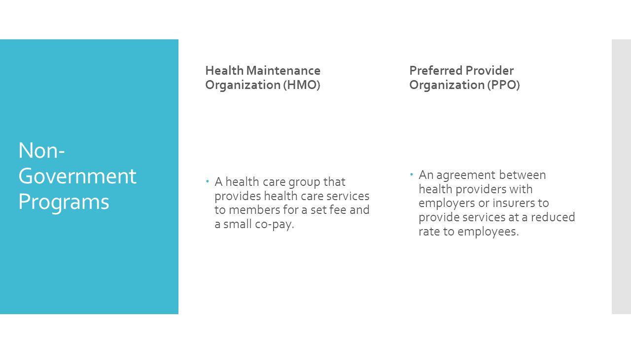 Non- Government Programs Health Maintenance Organization (HMO)  A health care group that provides health care services to members for a set fee and a small co-pay.