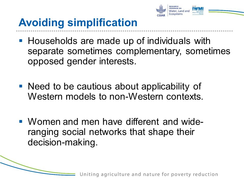 Avoiding simplification  Households are made up of individuals with separate sometimes complementary, sometimes opposed gender interests.