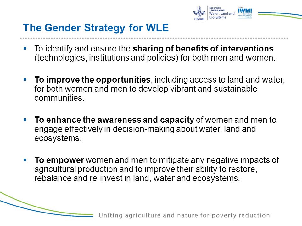 The Gender Strategy for WLE  To identify and ensure the sharing of benefits of interventions (technologies, institutions and policies) for both men and women.