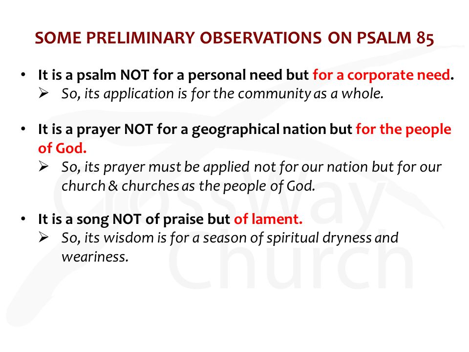 SOME PRELIMINARY OBSERVATIONS ON PSALM 85 It is a psalm NOT for a personal need but for a corporate need.