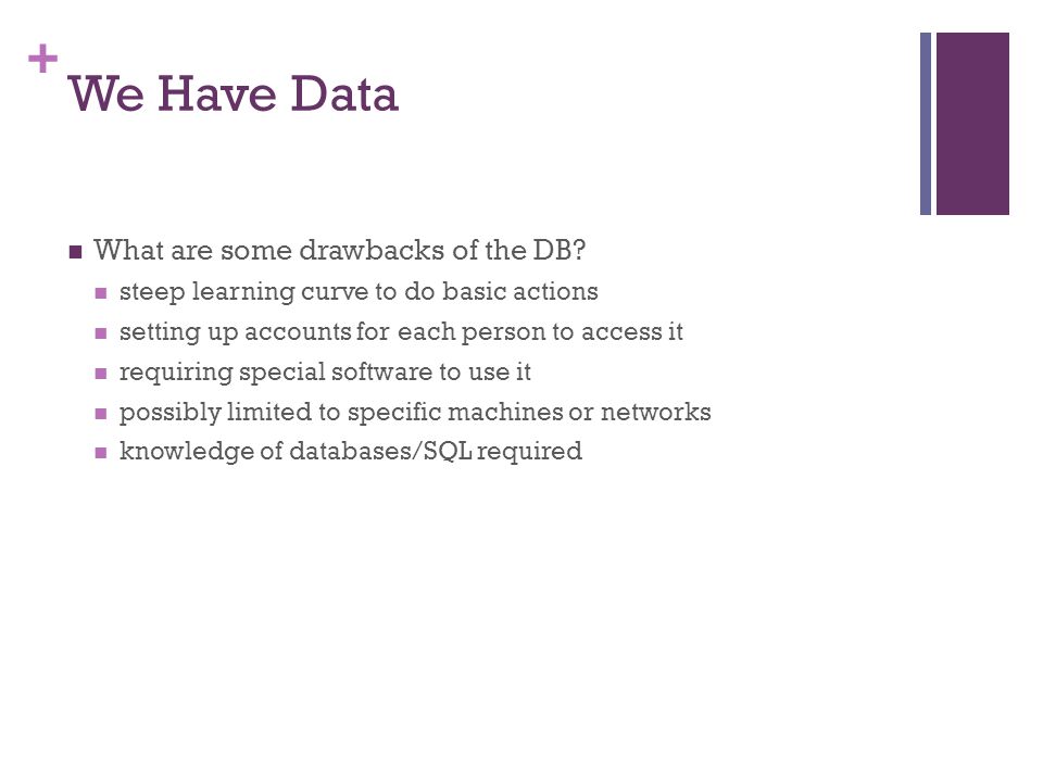+ We Have Data What are some drawbacks of the DB.