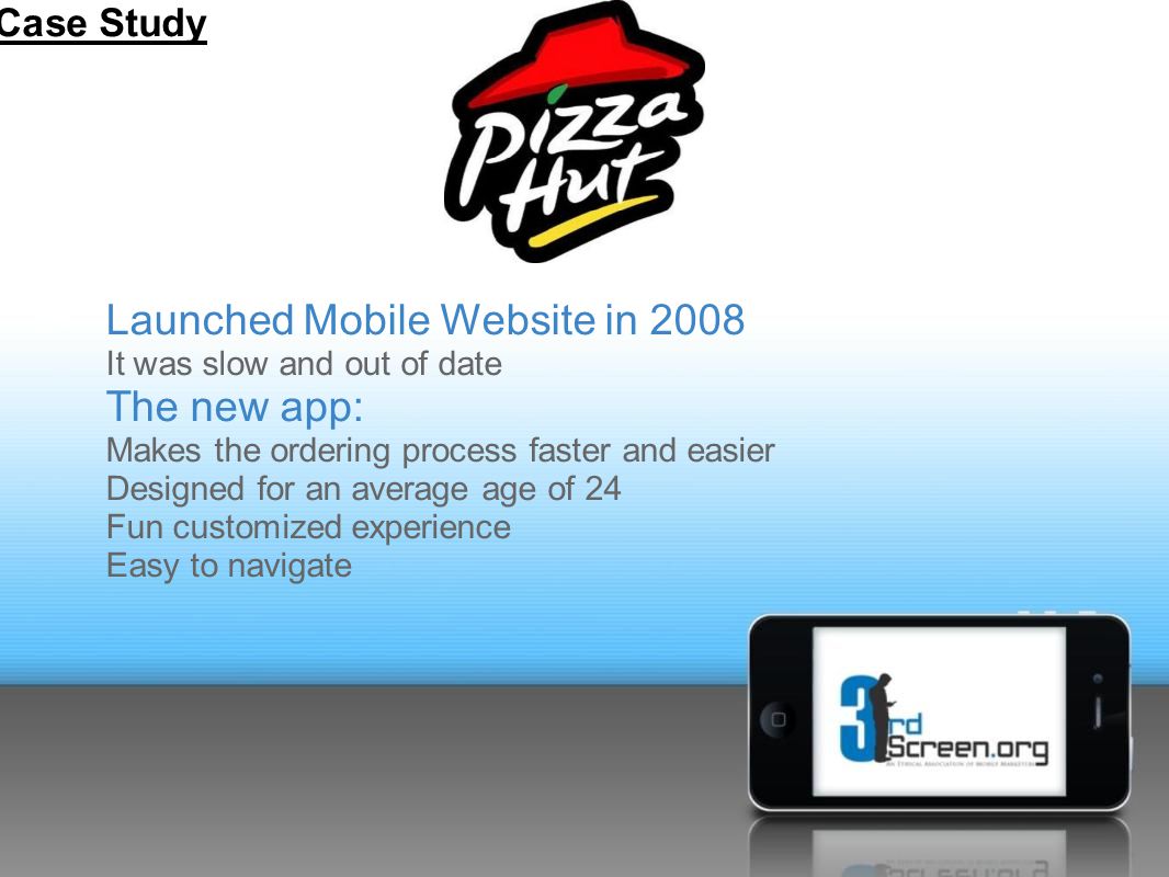 Launched Mobile Website in 2008 It was slow and out of date The new app: Makes the ordering process faster and easier Designed for an average age of 24 Fun customized experience Easy to navigate Case Study