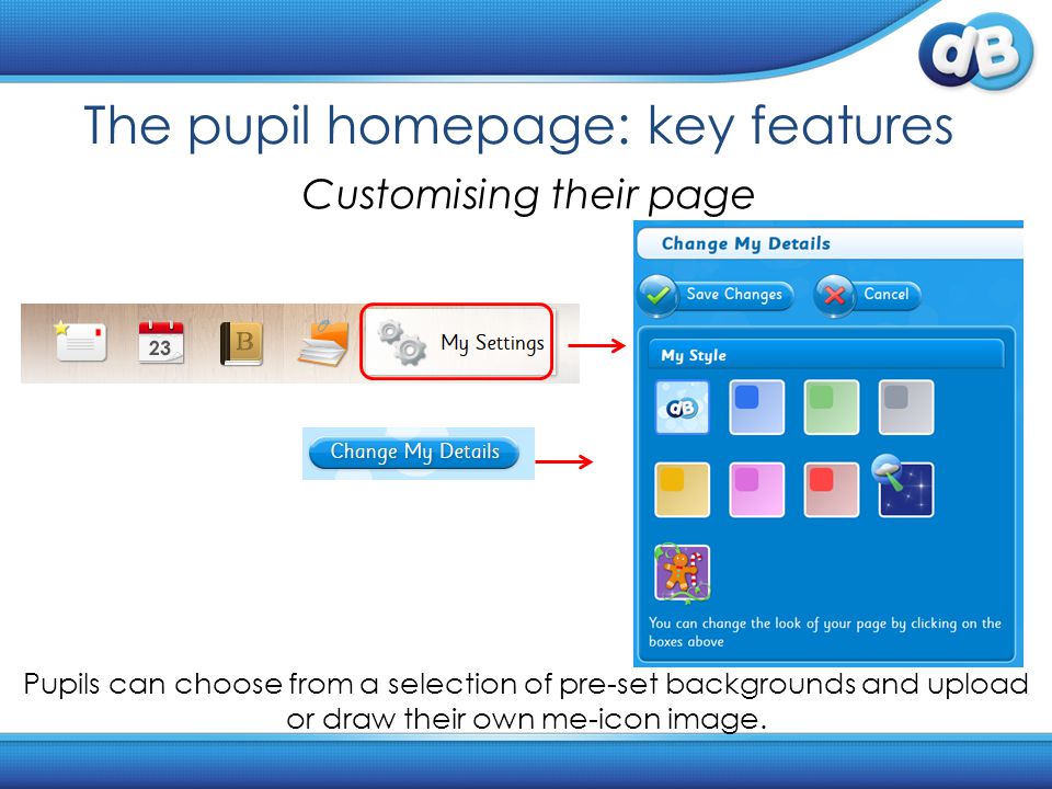 The pupil homepage: key features Customising their page Pupils can choose from a selection of pre-set backgrounds and upload or draw their own me-icon image.