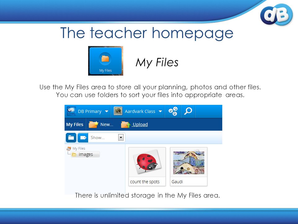 The teacher homepage My Files Use the My Files area to store all your planning, photos and other files.