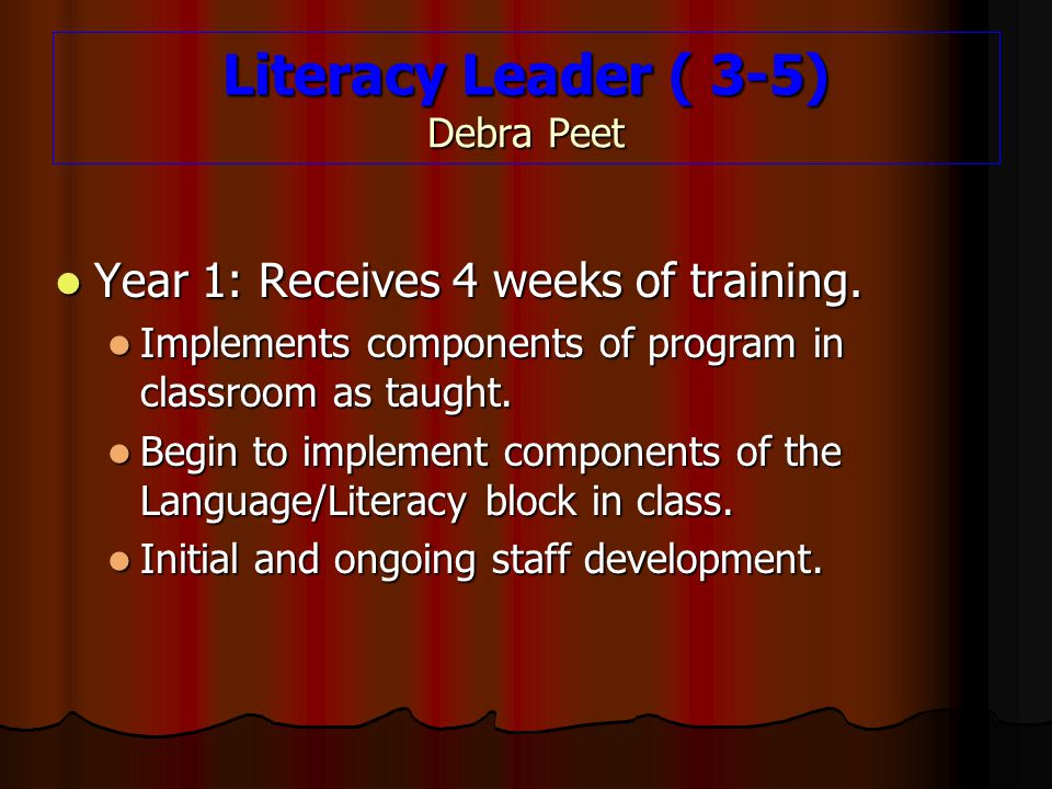 Literacy Leader ( 3-5) Debra Peet Year 1: Receives 4 weeks of training.