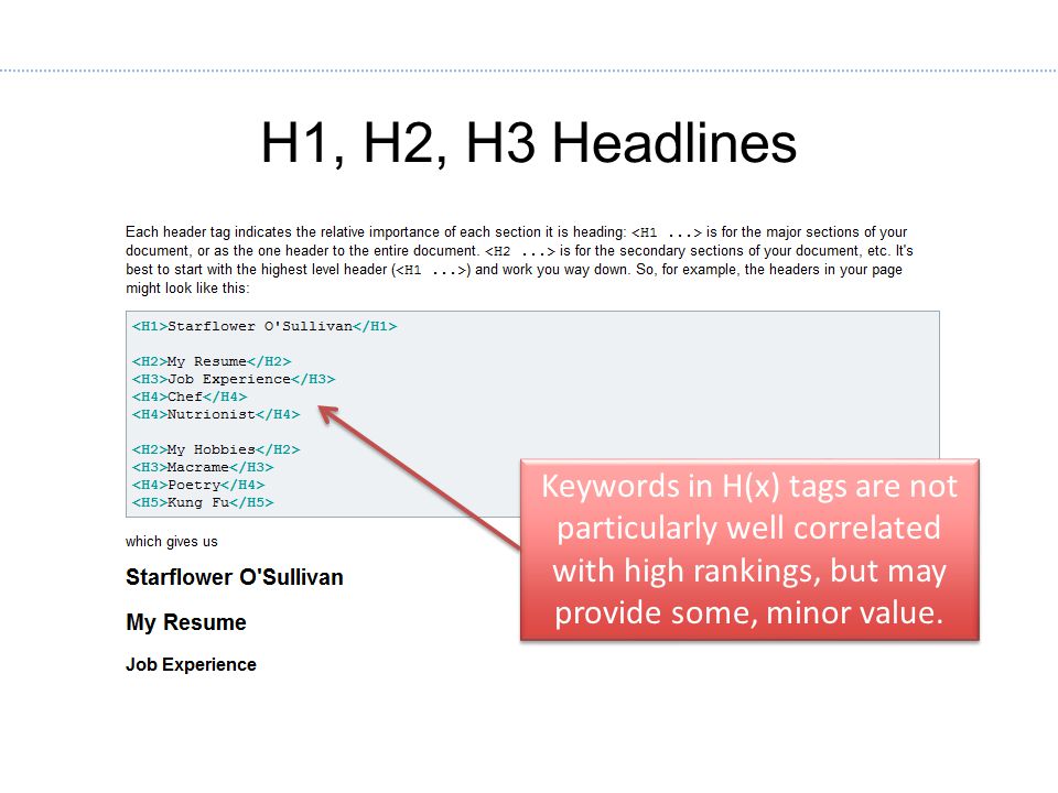 H1, H2, H3 Headlines   Keywords in H(x) tags are not particularly well correlated with high rankings, but may provide some, minor value.