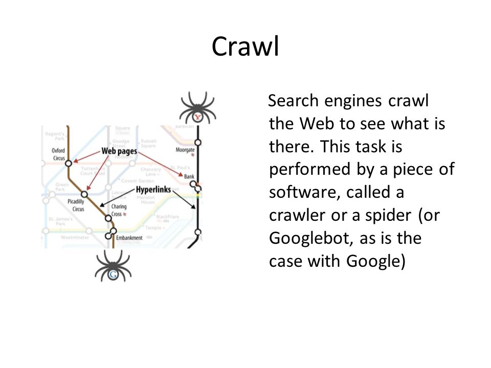 Crawl Search engines crawl the Web to see what is there.