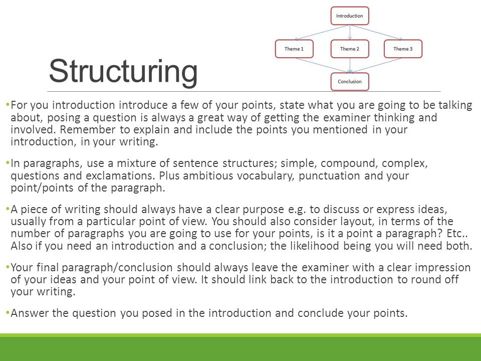 Structuring For you introduction introduce a few of your points, state what you are going to be talking about, posing a question is always a great way of getting the examiner thinking and involved.