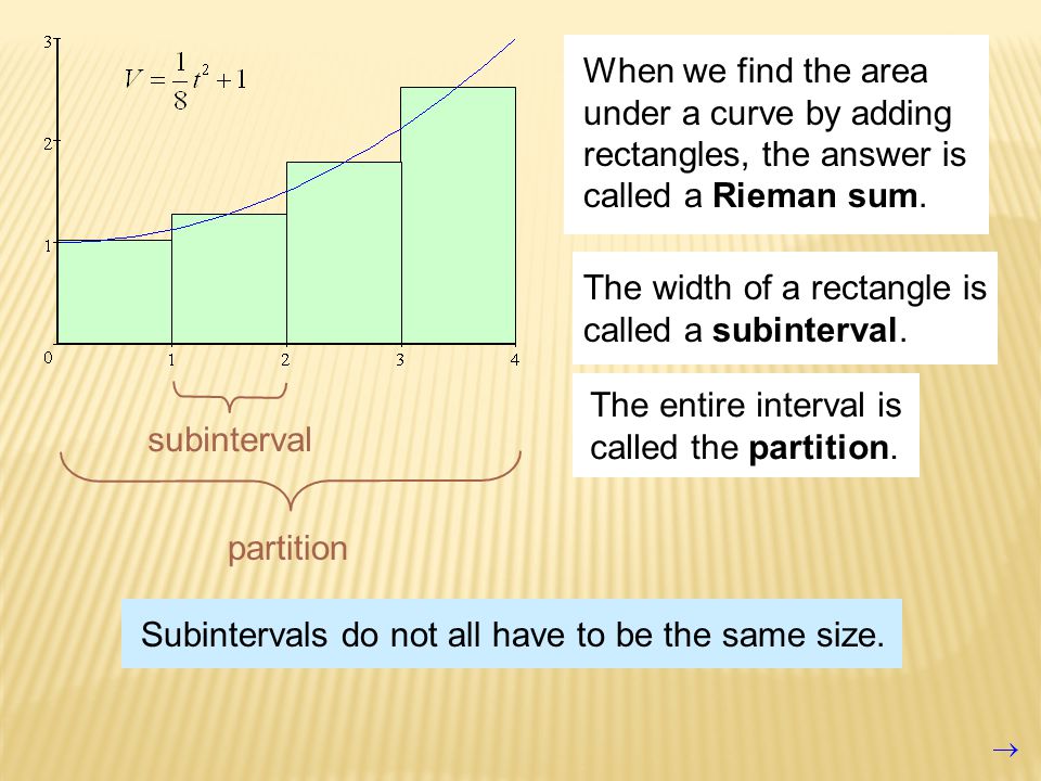 When we find the area under a curve by adding rectangles, the answer is called a Rieman sum.