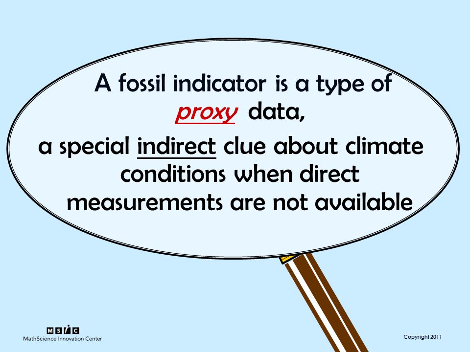 Copyright 2011 A fossil indicator is a type of proxy data, a special indirect clue about climate conditions when direct measurements are not available