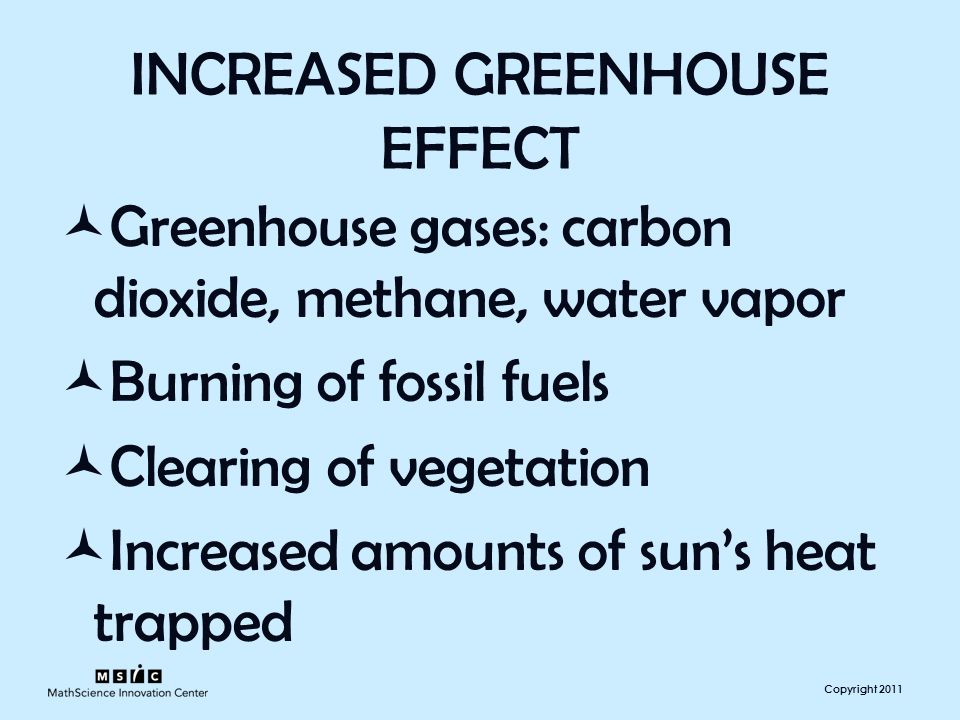 Copyright 2011 INCREASED GREENHOUSE EFFECT Greenhouse gases: carbon dioxide, methane, water vapor Burning of fossil fuels Clearing of vegetation Increased amounts of sun’s heat trapped